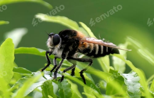 Preview: a bee is perched on a green leaf and some water drops are around it