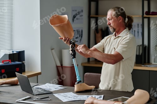 Preview: Senior craftsman building leg prosthetics and screwing joints