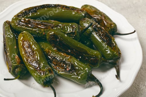 Preview: fried padron pepper, in a frying pan, with olive oil, and sea salt, homemade, no people.