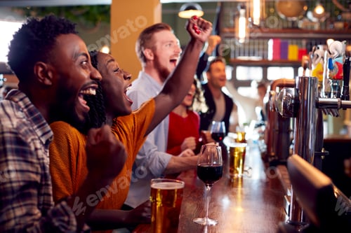 Preview: Group Of Excited Customers In Sports Bar Watching Sporting Event On Television