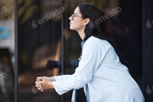 Preview: Healthcare, idea and balcony with a doctor woman thinking while working at the hospital for medical