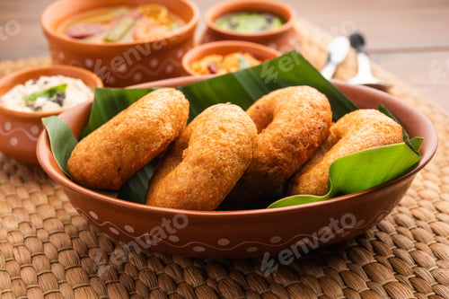 Preview: Medu Vada or sambar vada, a popular South Indian food served with different chutney