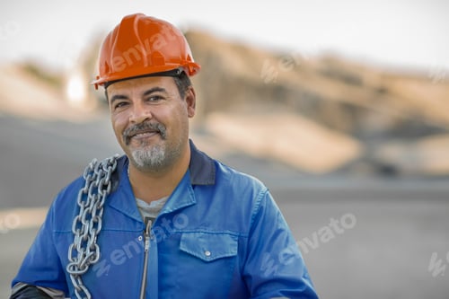 Preview: Construction worker with hard hat and chain smiling