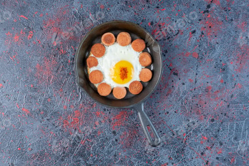 Preview: Fried egg in a pan with sausages aside