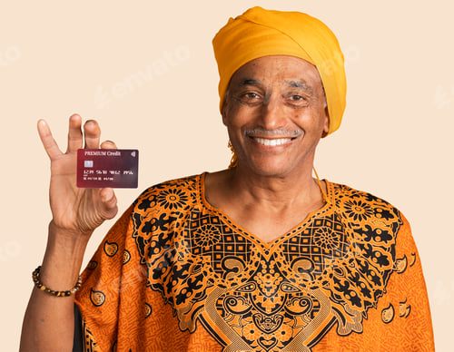 Preview: Happy mixed senior Indian man with a credit card mockup