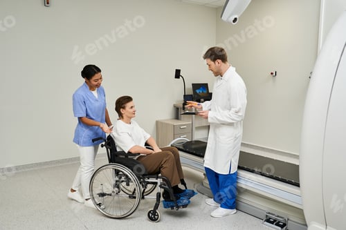Preview: Healthcare professionals ready a female patient for an MRI in a modern facility