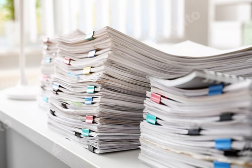 Preview: Stacks of documents with paper clips on office desk