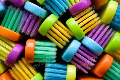 Preview: Bunch of different colored toothbrushes bristle.