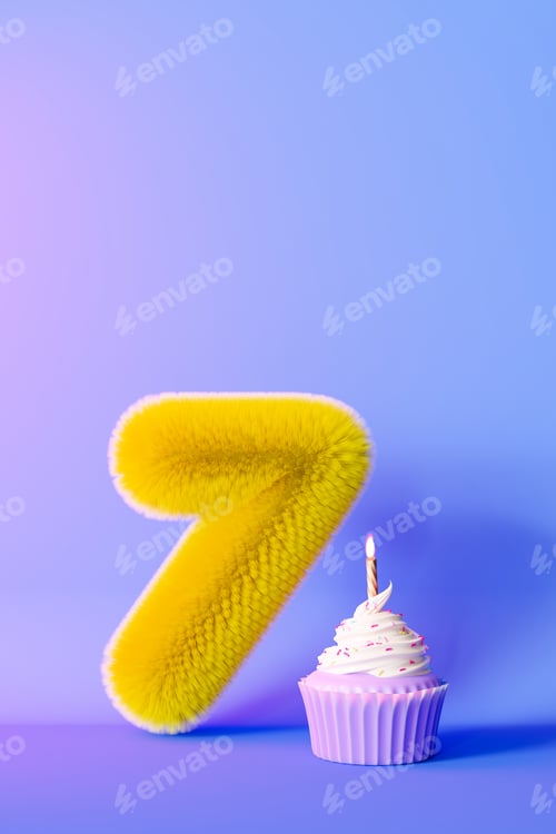 Preview: Playful, fluffy number seven on light violet, gradient background. Symbol 7.