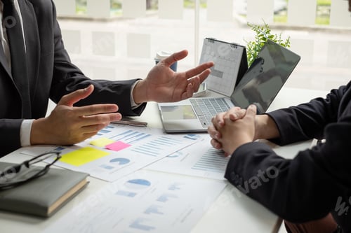 Preview: Business leaders talk about charts, financial graphs showing results are analyzing and calculating p