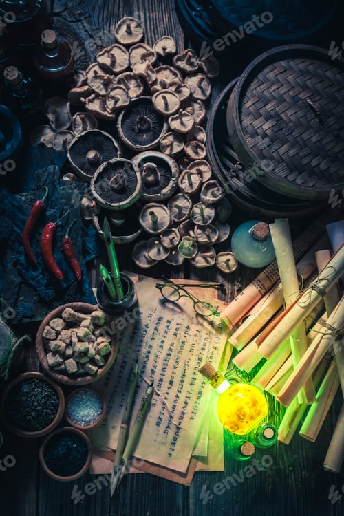 Preview: Closeup of discovering magical recipe in vintage laboratory