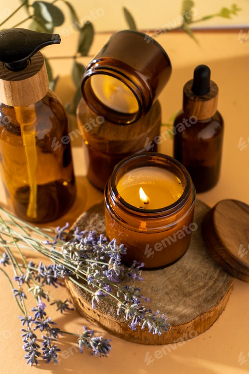 Preview: Soy candles in a glass jar. Aromatherapy. Burning candle and lavender.