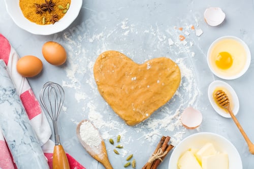 Preview: Baking cooking ingredients on a kitchen table