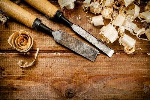 Preview: Chisels with wood chips on the table.
