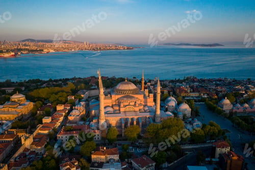 Preview: Aerial view of the mosque in the sunset of Istanbul. hagia sophia