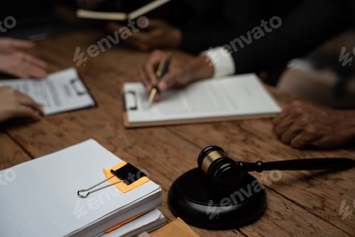 Preview: Close up lawyer businessman working or reading lawbook in office workplace for consultant lawyer con