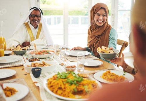 Preview: Food, help and muslim with big family at table for eid mubarak, Islamic celebration and lunch. Rama