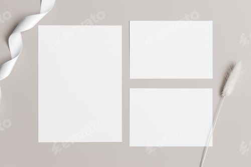 Preview: Wedding invitation stationery mockup with a satin tape and a lagurus. Dimensions: 5x7", 3.5x5".