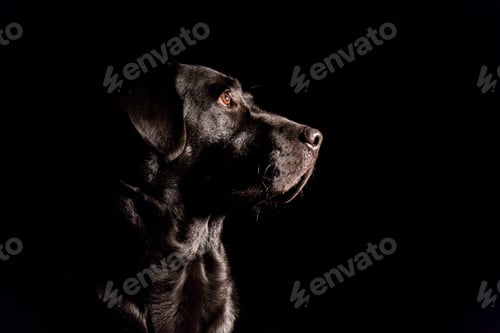 Preview: dog portrait on black background. Beautiful black labrador with a tie