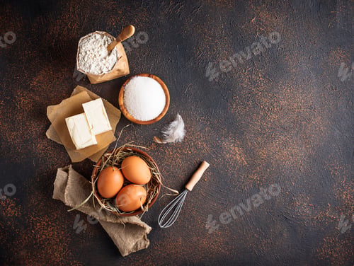 Preview: Ingredients for baking. Butter, eggs, sugar and flour