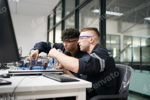 Preview: Industry 4.0: Young engineer works at a robotic arm