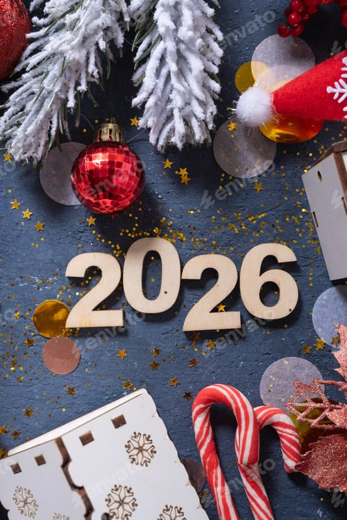 Visualização: New Year celebrations welcoming 2026 with colorful decorations and festive elements laid on a table