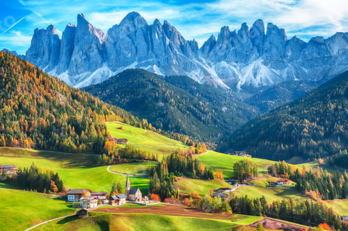 Preview: Awesome autumn scene of magnificent Santa Maddalena village in Dolomites
