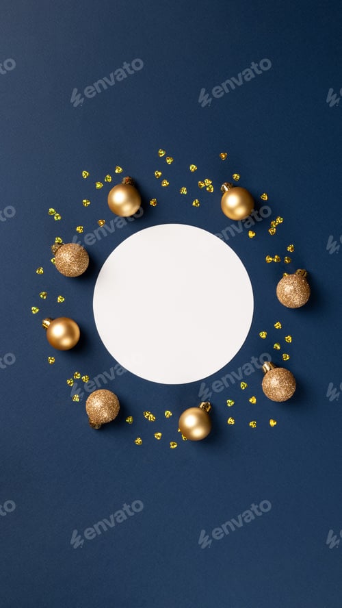 Preview: White circle with frame of golden Christmas balls on blue background