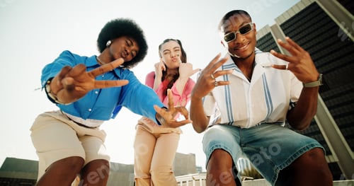 Preview: Portrait, fashion and friends in city, hand signs and confidence with urban town, buildings and gen
