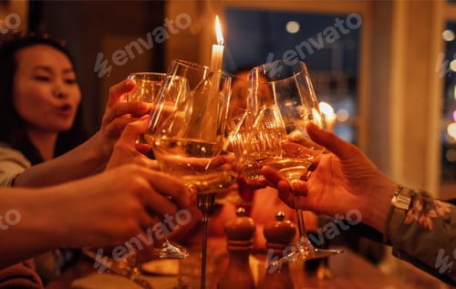 Preview: Female hands with champagne glasses. Young women make a toast and raise goblets of sparkling wine