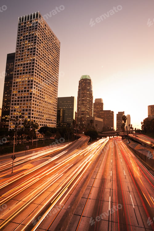 Preview: Los Angeles, Urban City at Sunset with Freeway Trafic