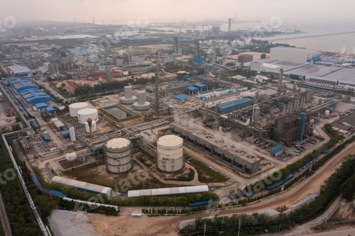 Preview: Aerial view of petrochemical oil refinery and sea in industrial engineering concept in Bangna