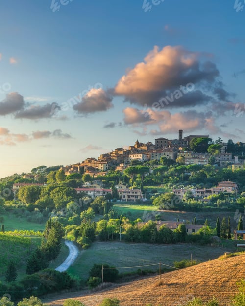 Preview: Casale Marittimo Hill Town at Sunset with Golden Clouds, Tuscany, Italy