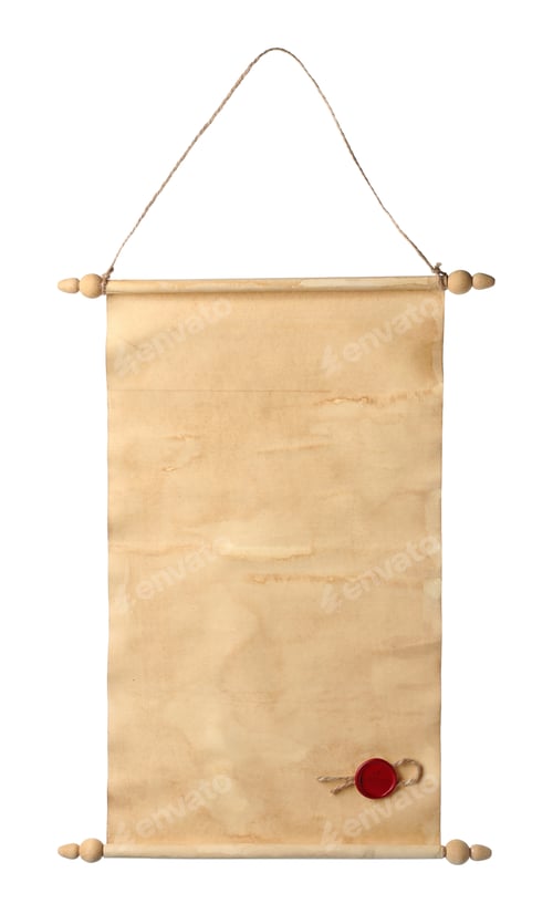 Preview: Scroll of old parchment paper with wax seal isolated on white