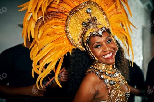Preview: Cropped portrait of a beautiful samba dancer performing in a carnival with her band
