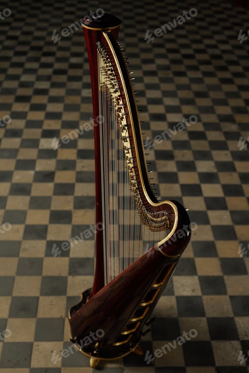 Preview: Antique Harp Standing in Dim Light Captured Church