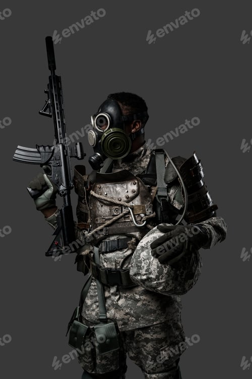 Preview: Armed soldier of african descent holding rifle against dark background