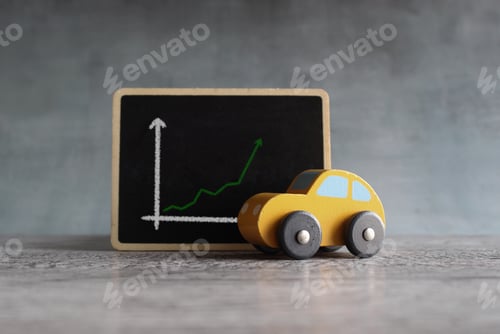 Preview: Toy car and chalkboard with upward arrow graph.