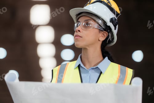Preview: Portrait of railway technician worker in safety vest and helmet working with blueprint