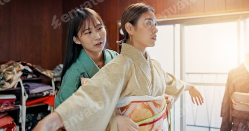 Preview: Fashion, fitting or Japanese women with kimono, design or custom textile production in Japan. Custo