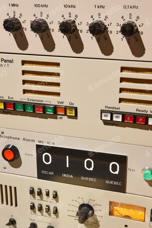Preview: Submarine old radio transmitter equipment detail. Military device. vertical