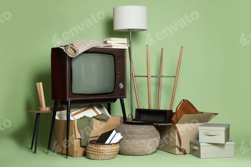 Preview: Garage sale. Different used stuff on green background