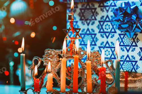 Preview: Jewish holiday, Holiday symbol Hanukkah Brightly Glowing Hanukkah Menorah soft focus