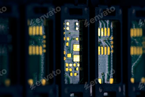 Preview: Macro shot of a black electronic circuit board with its small details