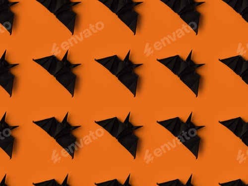 Preview: halloween texture with black origami bats, isolated on orange