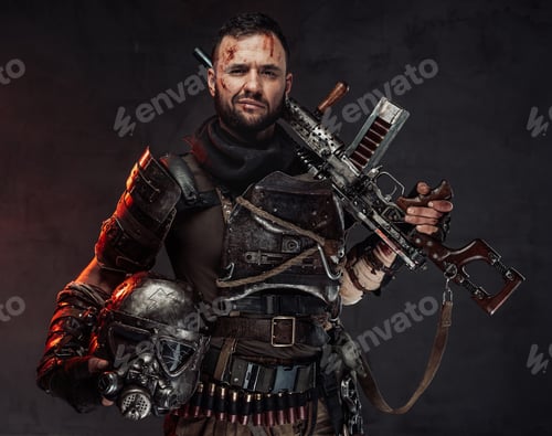 Preview: Confident stalker holding rifle and helmet in dark background