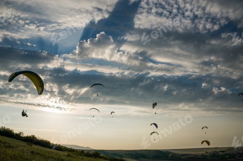 Preview: People Flying on Paragliders, Sky With Clouds on Background, Ukraine, Crimea