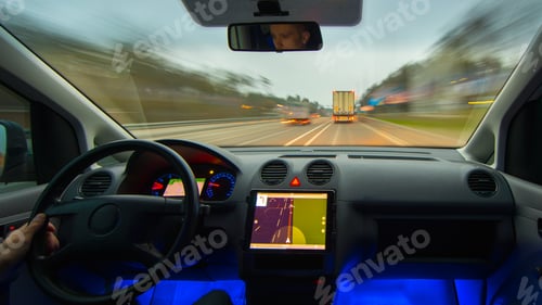 Preview: The man drive a vehicle on the highway. Inside view