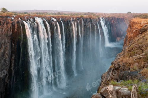 Preview: Majestic waterfall cascading into misty depths at dusk