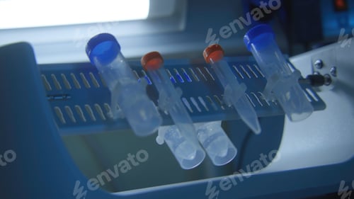 Preview: Equipment with rotating flasks. Stock footage. Rotating flasks with tests in laboratory. Chemical